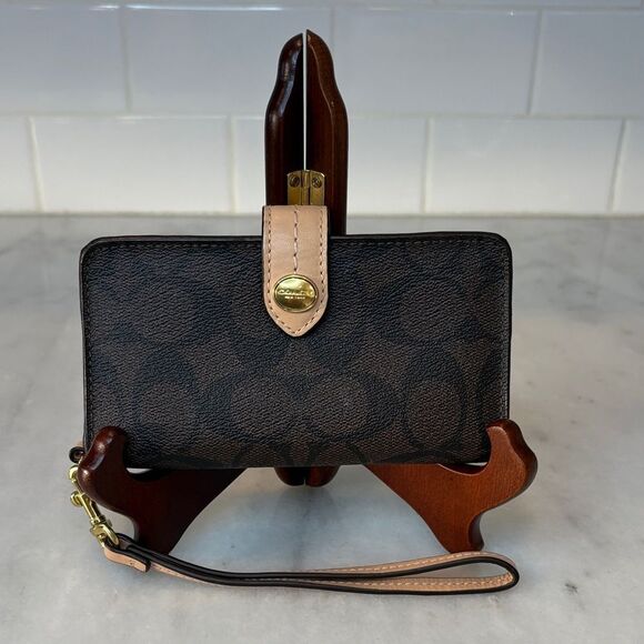 Coach Wallet Signature Logo Coated Canvas Slim Brown Tan Black Designer - Picture 1 of 16